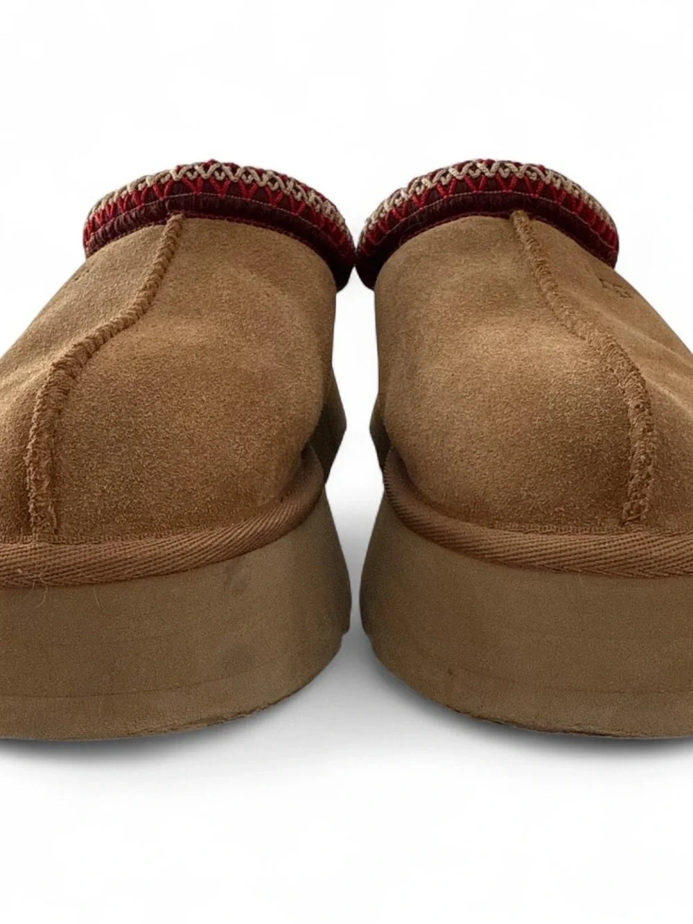 UGG Chestnut Suede Slip-On Slippers with Red Trim